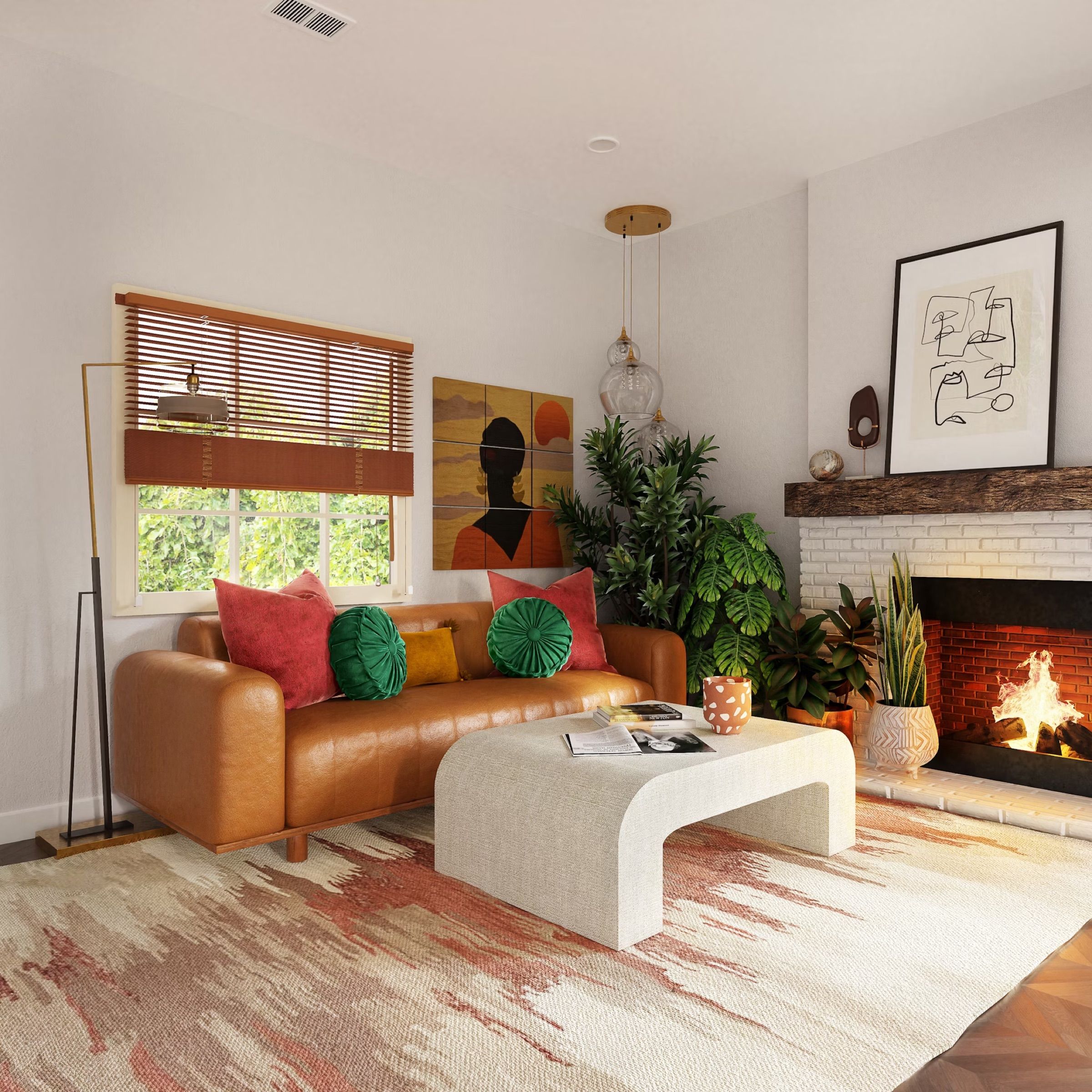 Living room with a lit fireplace, a tan leather sofa and plants