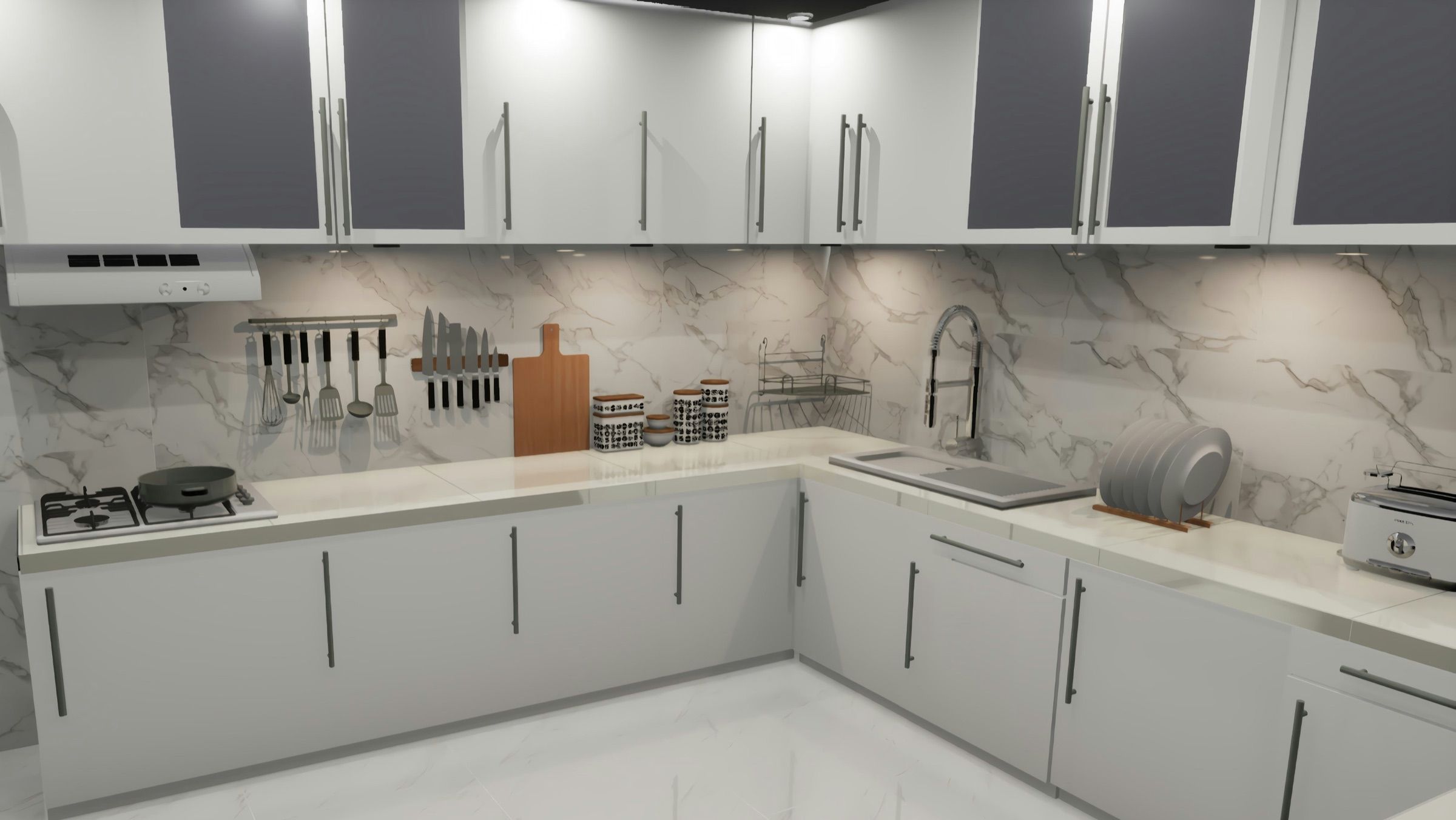 Kitchen with grey cabinets, marble-effect splashback and white worktops